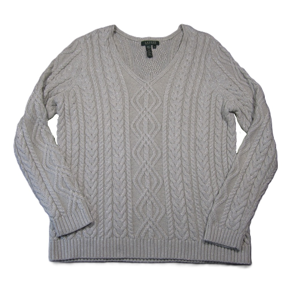 Lauren Ralph Lauren Sweater Womens 1X Gray Metallic Cable Knit V-Neck Y2K Preppy